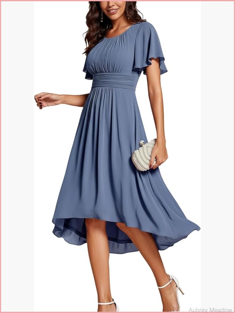 Chiffon Crew Neck Empire Waist Wedding Guest Dress Semi Formal Short Sleeve
